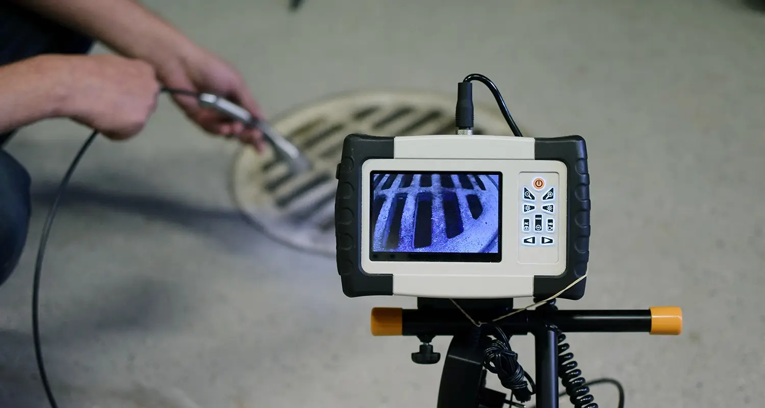 Plumber using a camera to inspect a sewage drain.