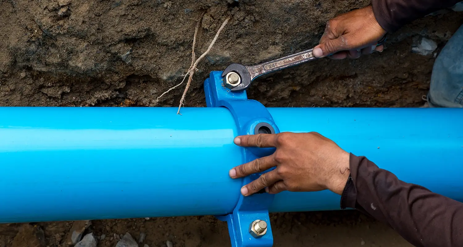 Plumber tightening the bolt on a new underground sewer pipe during installation.
