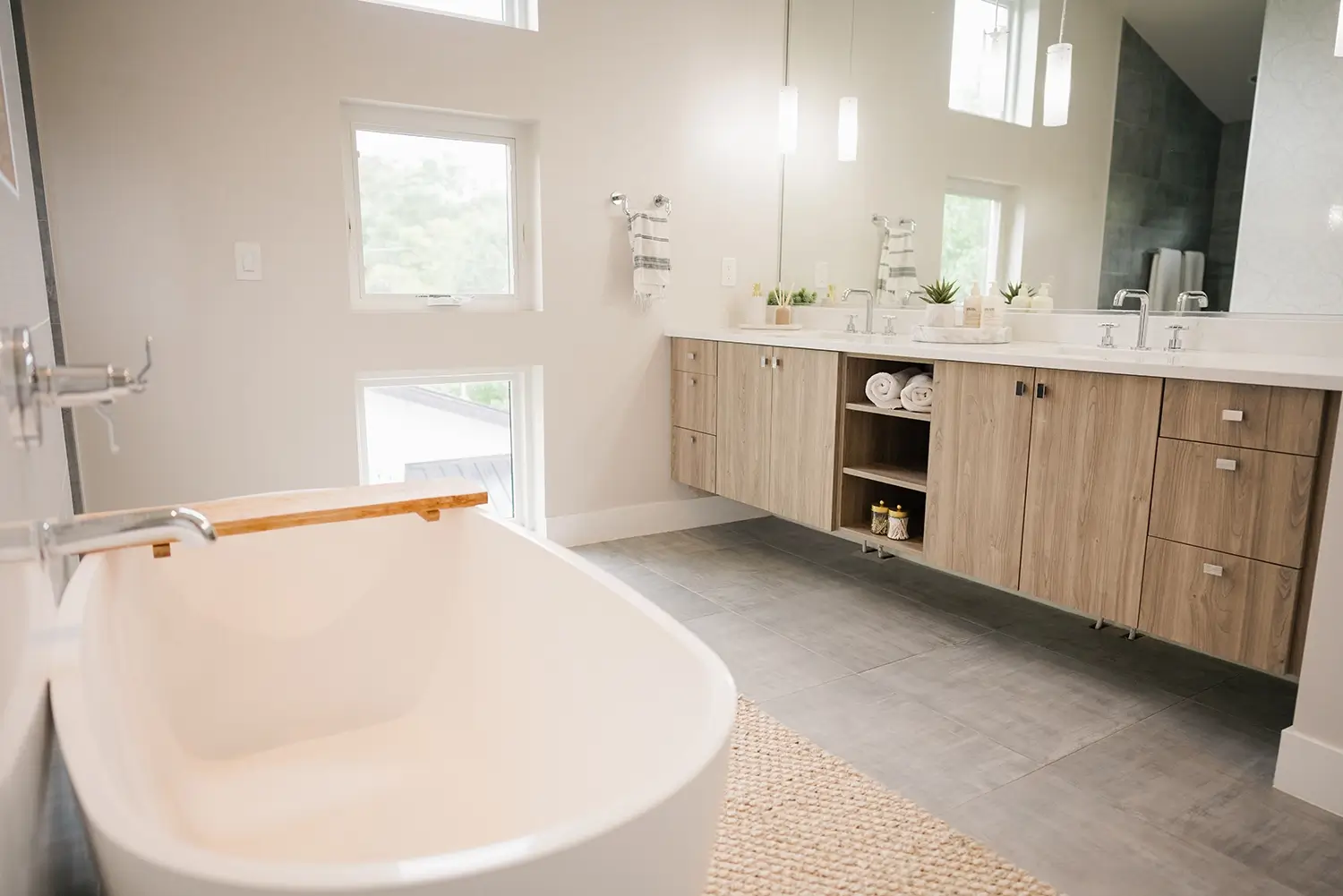 Luxurious bathroom with soaking tub.